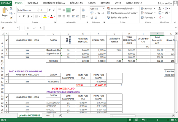 Planilla de Construcción Civil en Excel