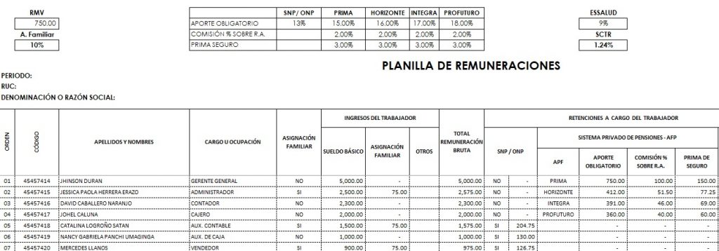 Plantilla excel Planilla de remuneraciones básico